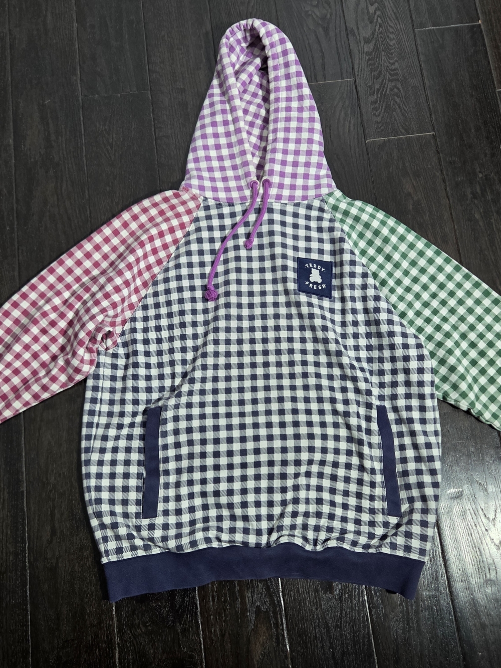 Teddy Fresh Hoodie Hooded Sweatshirt Colorful Gingham Mens Large